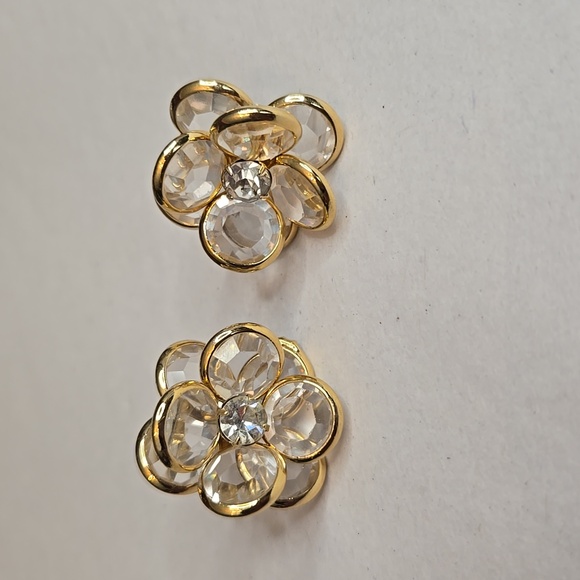 Vintage 90s Clear Circle Crystal Flower Design Gold-Tone Clip-On Earrings EUC - Picture 1 of 4